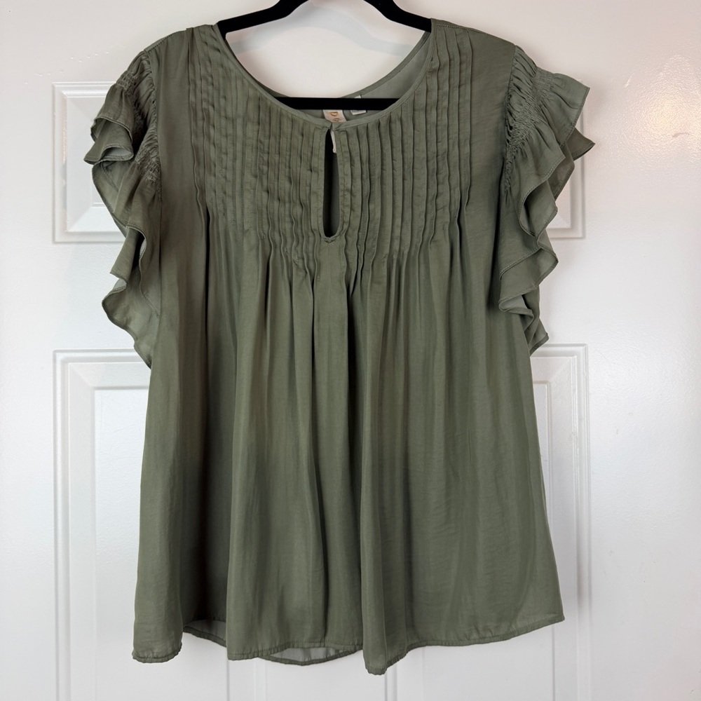 dolan Olive Green Ruffle Sleeve Pintuck Blouse